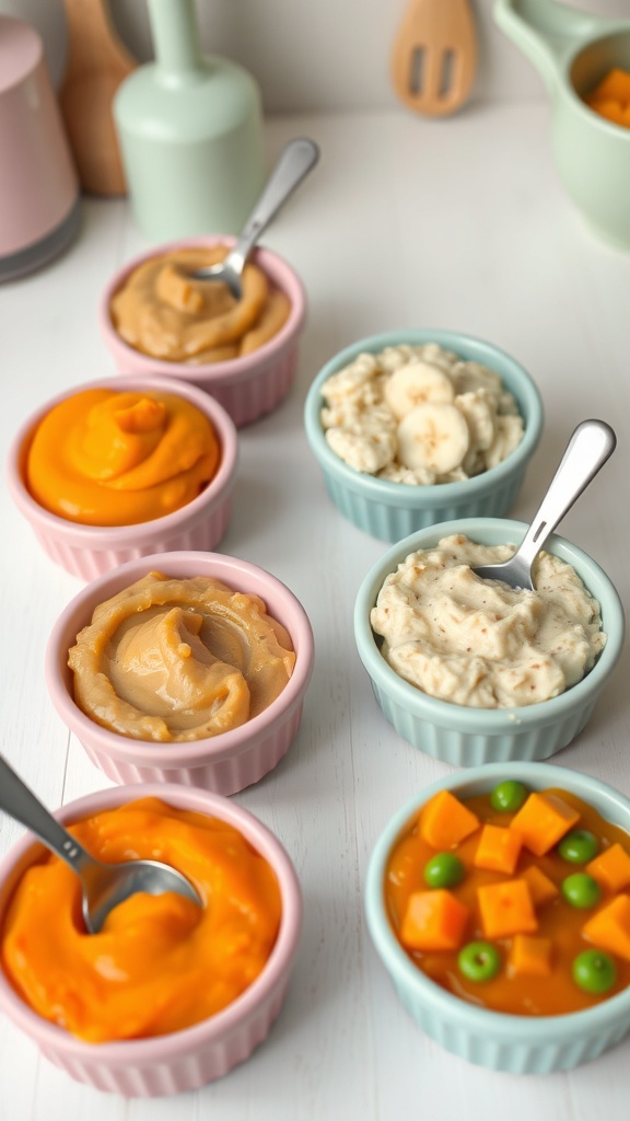 Nutritious Recipes for 9-Month-Old Babies An assortment of homemade baby food including sweet potato, banana oatmeal, and carrot pea puree in bowls.